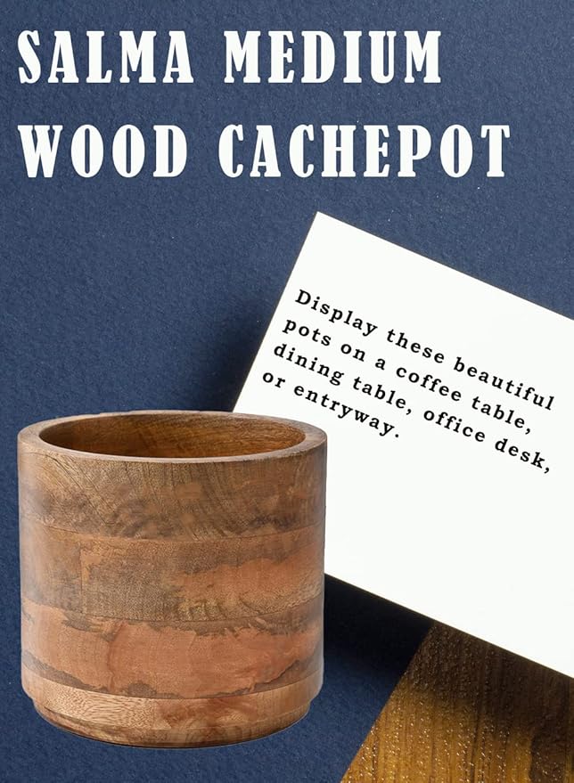Serene Spaces Living Medium Mango Wood Cachepot – Natural Wooden Pot for Faux Flowers & Indoor Plants – Decorative Plant Holder for Home, Office, and Restaurant Decor – 6.5" Diameter & 6" Tall
