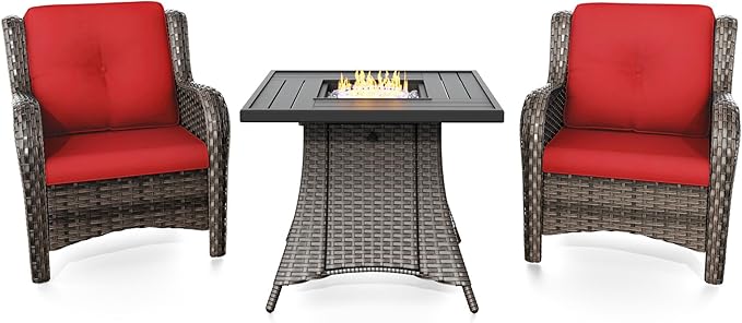 Joyside 3 Piece Wicker Patio Furniture Set with Fire Pit Table, Rattan Patio Chairs with High Back, Deep Seating, Wide Armrest, Thickened Cushions, Outdoor Furniture for Deck, Porch Use