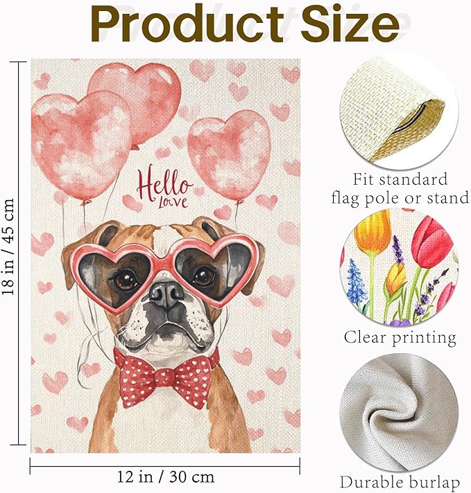 Valentine's Day Boxer Dog Hello Love Garden Flag, House Yard Plaid Love Heart Outside Decoration, Spring Holiday Wedding Anniversary Outdoor Small Decor 12x18(12636)