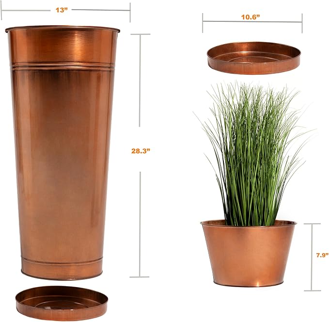 UltiTeque 28in Tall Copper Planters Set of 2,Galvanized Steel Tall Outdoor Planter for Indoor/porches- Copper Color(2planters,2inner pots with Holes,2trays)