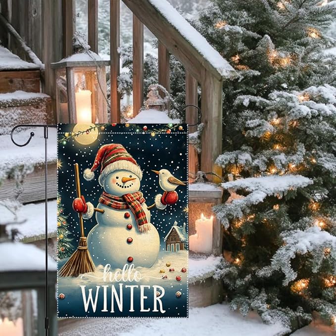 Hello Winter Garden Flag 12x18 Inch Double Sided Burlap Snowman Outdoor Yard Flag Holiday Christmas House Flag Seasonal Winter Welcome Banner Small Cute Lawn Porch Decoration