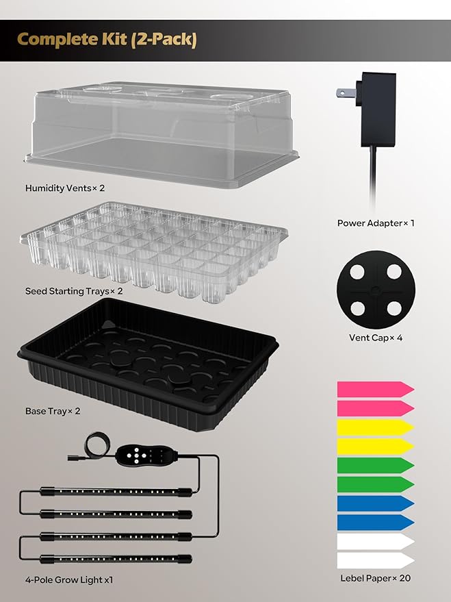 GLOWRIUM Seed Starter Tray with Full Spectrum Grow Light,54-Cell *2 Pack Seed Starter Kit with Humidity Dome,6-Setting Auto Timer,Adjustable Brightness for Indoor Plant (2-Pack)