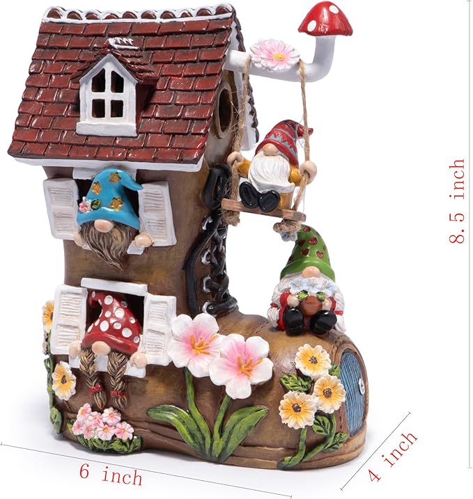 Hodao Spring Solar Gnomes Garden Decor - Whimsical Shoe House with Swinging Gnome, Hand-Painted Floral Base & Mushroom Swing for Porch, Yard, Flower Bed Garden Gifts for Women, Mom (Brown)