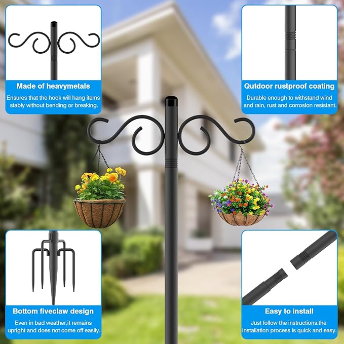 NUERPO Adjustable Shepherd Hooks for Outdoor,1 Pack 110 Inch 5 Prong Base Bird Two Sided Feeder Poles,Heavy Duty Shepherds Hook,Suitable for Garden in Hanging Flower Basket,Lantern,Bird Nests