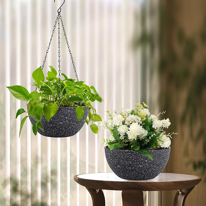 Meowell 12 inch Large Hanging Planters for Indoor Outdoor Plants, 2 Pack Hanging Flower Pots with Drainage Holes and Chain for Garden Porch, Plastic Hanging Baskets for House Plants, Speckled Black