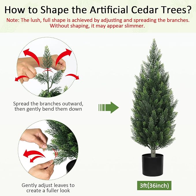 Artificial Cedar Trees for Outdoors Indoor - 3ft UV Resistant Faux Topiary Trees for Front Porch Decor, Realistic Potted Cypress Plants for Outside Planters, Fake Pine Shrubs for Home Patio, Set of 2