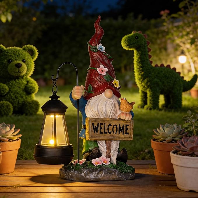 Garden Decor Gnomes Outdoor Statue with Solar Lights-Solar Garden Gnomes Decorations for Patio Lawn Yard Balcony with Lantern,Welcome Sign with Butterfly Flower, Birthday Gifts for Women Mom Grandma