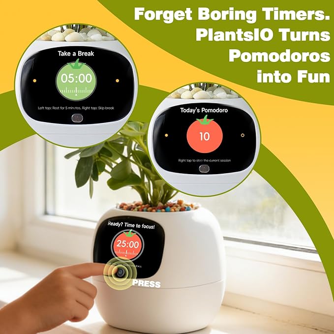 Plantsio AI Smart Pot for Plants with App Control, Self-Watering, Visual Display & 80ml Reservoir, Digital Plant Pot Supports 100+ Plants, Pomodoro Timer, Clock & Calendar,Desk & Office Planter-White