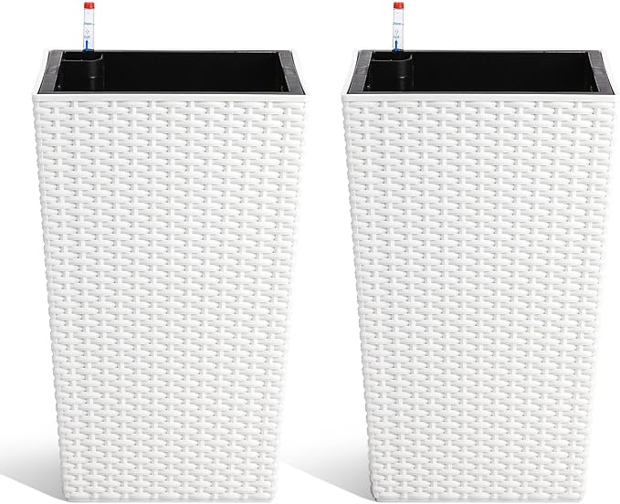 16" Tall Rattan Planter Set of 2, Self Watering Pots with Built-in Drainage and Water Level Gauge, Large Plant Pots for Garden, Patio, Balcony, Lounge, White