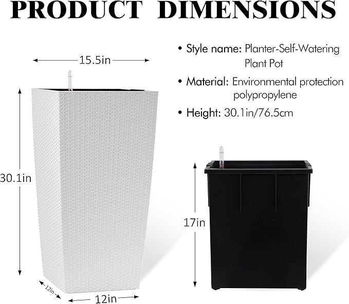 Vigo huseeo 30in Tall Planter, Self Watering Pots for Indoor/Outdoor Plants with Drain Holes, Water Level Monitor, Inner Bucket for Front Porch Patio, White Large(1 Set)