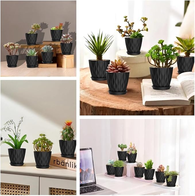 zople 16 Pack 4 Inch Plastic Planter Pots with Tray, Heavy Duty Indoor Outdoor Planter Pots with 48 Drainage Holes for Herbs, Succulents, Seedlings, Flowers Durable and Lightweight Black