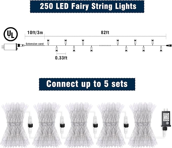 250 LED White Christmas Lights Outdoor, 82ft 8 Modes White Christmas String Lights Clear Wire, Plug in Twinkle Fairy Lights for Bedroom Wedding Christmas Tree Decorations
