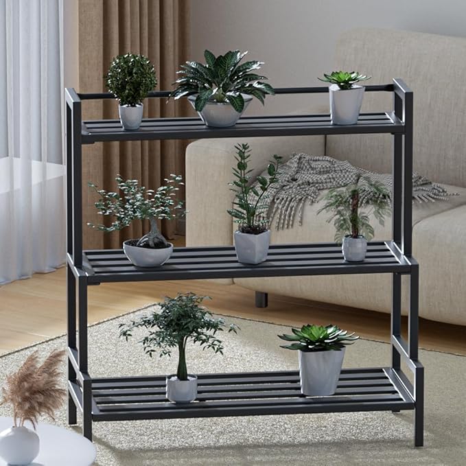 DHYGOTFUR 3-Tier Aluminum Plant Stand Outdoor, Heavy-Duty Metal Tiered Plant Stand, Tall Corner Plant Shelf for Patio, Waterproof Rust-Resistant Plant Rack for Indoor Outdoor Home Garden Decor, Black