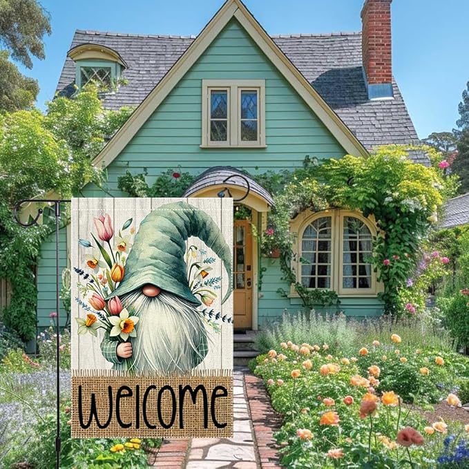 Welcome Spring Garden Flag 12x18 inch Burlap Double Sided Gnome Colorful Floral Small Summer Garden Flags Decorations For Outside Yard Home Outdoor Patio Lawn Decor