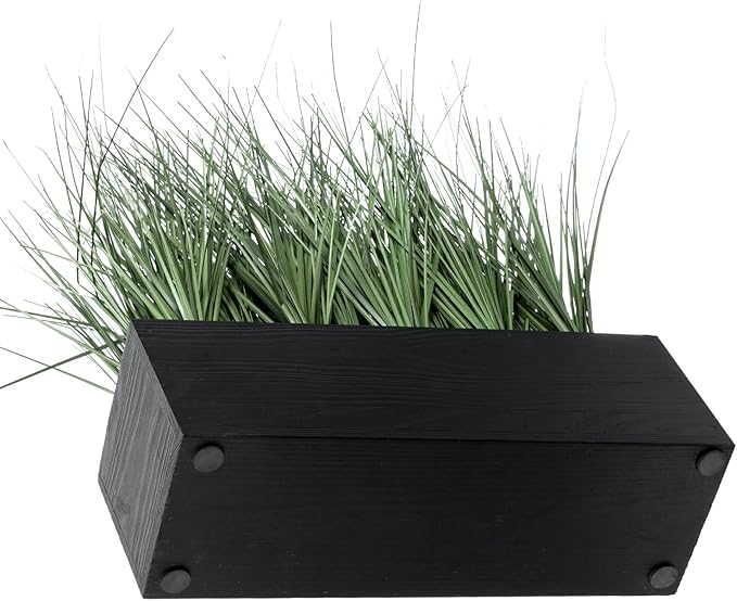 MyGift 12 Inch Artificial Green Grass Plants in Rustic Black Solid Wood Planter Box, Faux Greenery Plant Centerpiece in Decorative Rectangular Wooden Container