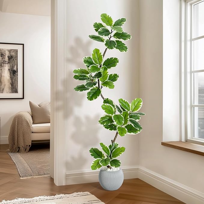 GarveeHome Fiddle Leaf Fig Tree Artificial Indoor, 5 ft Tall Faux Rubber Tree with Sphere Planter, Tall Artificial Plants with Moss for Home Decor Office Living Room