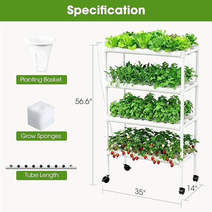 Hydroponics Growing System Kit with Wheels, 108 Plant Sites Gardening Aquaponics Tower, 4-Tier Food-Grade PVC-U Pipes Water Pump Timer for Leafy Vegetables, Indoor, Outdoor (34"x62"x15" in 108 Holes)