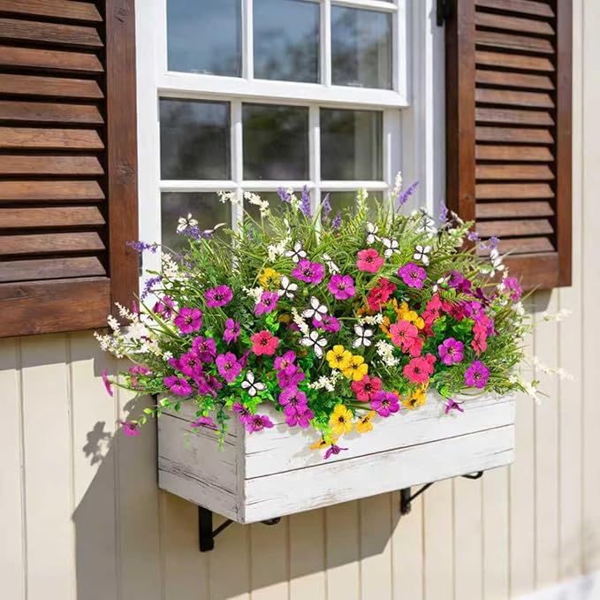 Artificial Fake Flowers for Outdoor Porch Planters Boxes Decoration,12 Bundles Outdoor Faux Fern Plants with Butterfly,UV Resistant Greenery Yard Patio Garden Decor