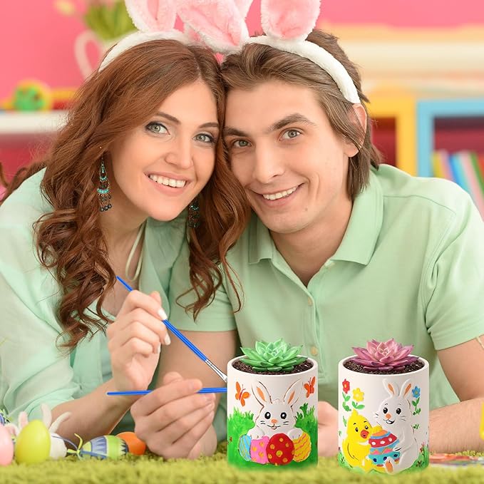 Zubebe 12 Pcs Easter Paint Your Own Bunny Ceramic Pots Bulk Unfinished Succulent Pots Painting Kits with Drainage Hole Mini Paintable Vase Ready to Paint Easter Gifts Basket Stuffers for DIY Craft