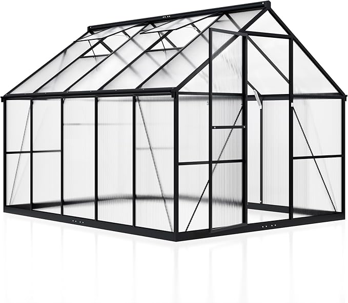 8x10 FT Greenhouse for Outdoors, Quick Setup Polycarbonate Green House with Roof Vent, Aluminum Large Walk-in Greenhouse for Outside Garden Backyard, Black