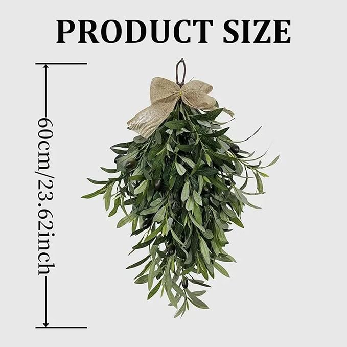 Artificial Olive Wreath with Burlap Bow, 24 Inch Teardrop Swag for Front Door Wall and Wedding Decor