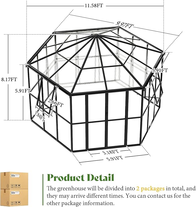 AMERLIFE 12×10×8 ft Hexagonal Outdoor Greenhouse, Aluminum Frame with Quick‑Connectors, 2 Swing Doors, 2 Vents – Walk‑in Garden Structure