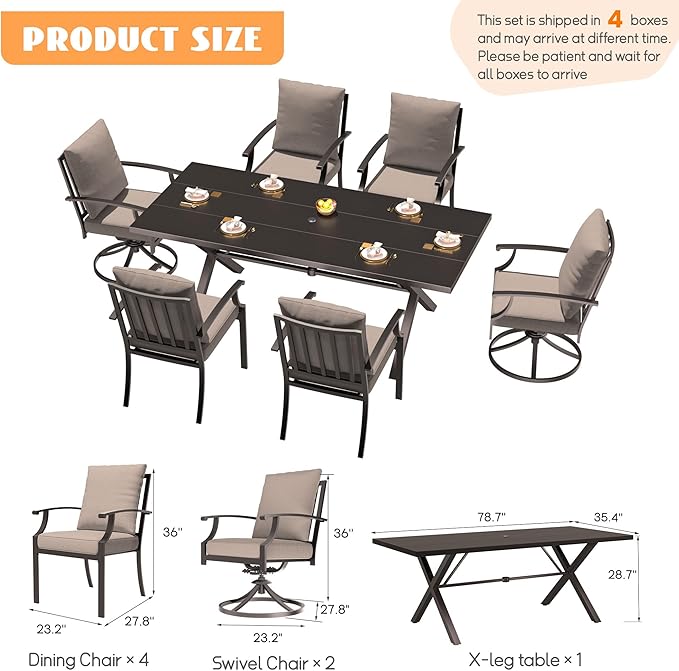 7-Piece Patio Dining Set Outdoor Conversation Set,Metal Outdoor Furniture Set with Umbrella Hole Cut-Out 78.7" x 35.4" Table and 6 Metal Chairs for Backyard,Garden,Sand
