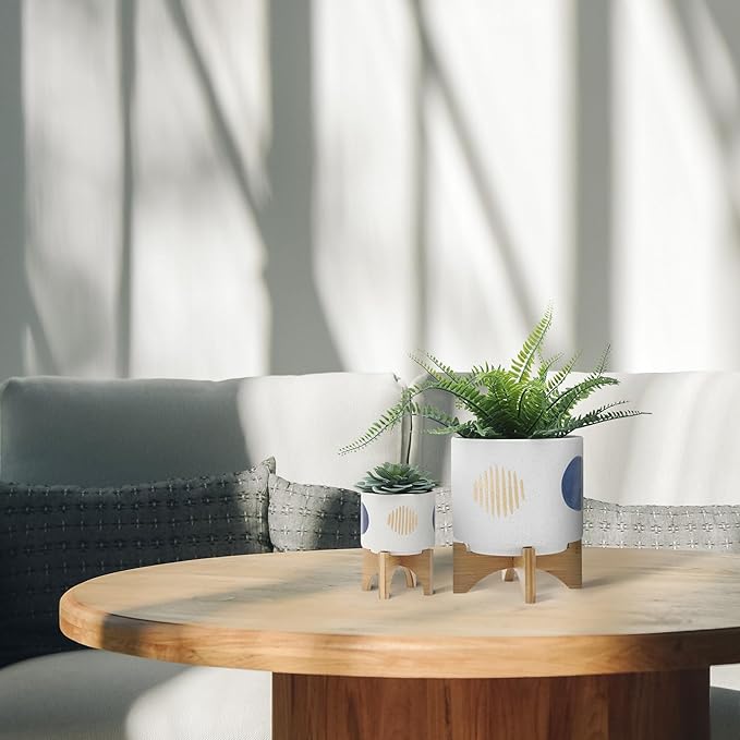 Ceramic Planter Set with Bamboo Stand – Plant Stand Indoor For Everyday Greenery, Living Room or Patio, Geometric Design Planter with Stand For Sculptural Home Decor Display – 11" 7", White