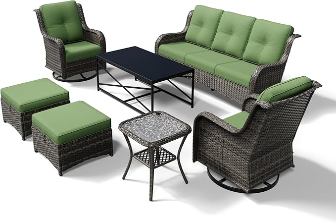 Joyside 7 Piece Wicker Patio Furniture Set, Outdoor Swivel Rocker Patio Chairs with High Back, Deep Seating, Wide Armrest, Thickened Cushions, Outdoor Furniture for Deck, Porch Use