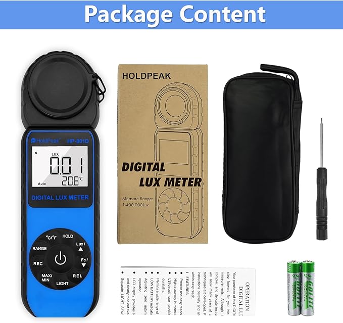 HOLDPEAK 881D Illuminance Light Meter, Digital Lux Foot Candles Meter 0.1~400,000 Lux (0.1~40,000 FC) with 270º Rotatable Detector, Lumen Meter Luxmeter for Plants LED Lights Indoor Outdoor
