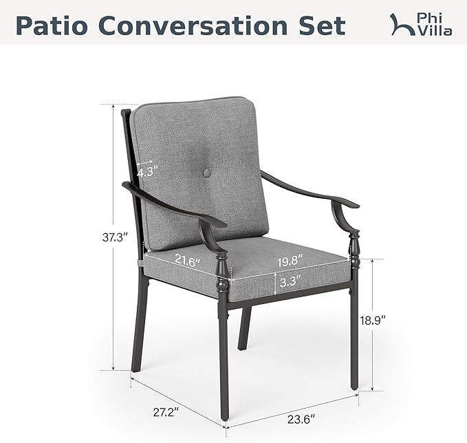 PHI VILLA Outdoor Steel Dining Chairs Set of 6, Heavy-Duty Rustproof Black Wrought Iron Armchairs with Cushions, Large Seating Furniture for Patio, Deck, Backyard, Porch