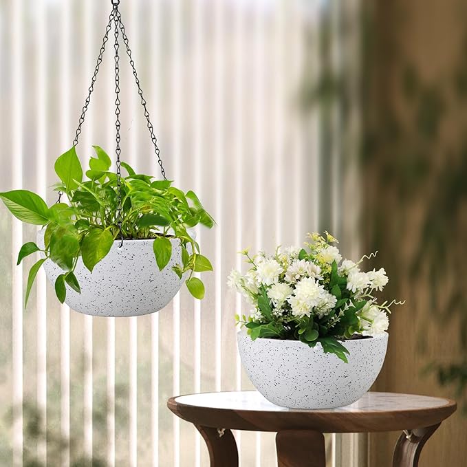 Meowell 12 inch Large Hanging Planters for Indoor Outdoor Plants, 2 Pack Hanging Flower Pots with Drainage Holes and Chain for Garden Porch, Plastic Hanging Baskets for House Plants, Speckled White