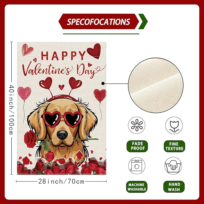 Happy Valentine’s Day Romantic Roses Love Hearts Balloon Dog House Flag Big Large Burlap 28X40 Inch Vertical Double Sided Outside Yard Holiday Outdoor Farmhouse Decoration