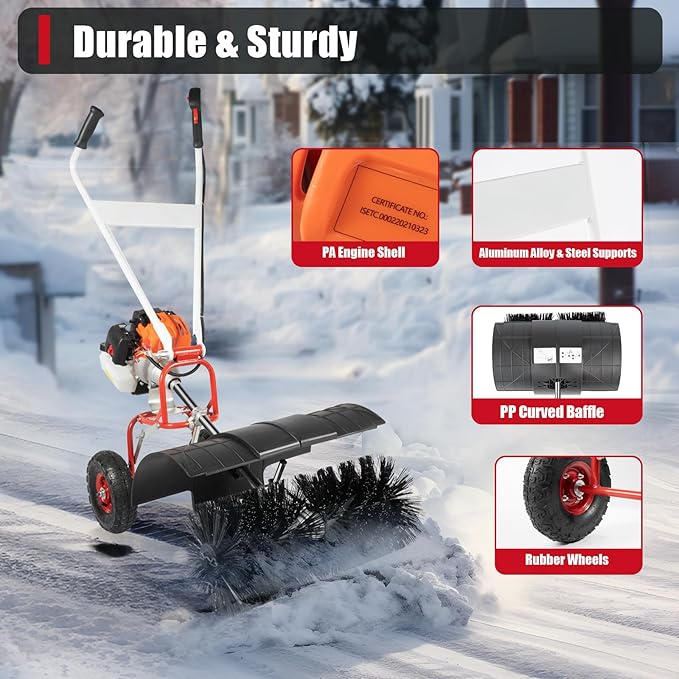 52cc Gas Powered Walk Behind Snow Sweeper, 2.5HP 2-Stroke Folding Snow Blower with 20-Inch Brush, Driveway Turf Snow Broom for Driveway, Sidewalk, Patio Light Snow Removal & Yard Cleanup