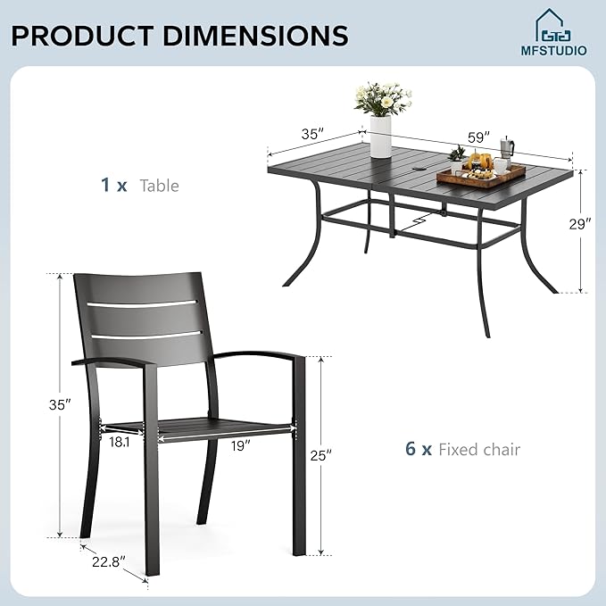 MFSTUDIO Patio Table and Chairs Set of 6, Metal Outdoor Dining Set with Umbrella Hole, 7 Piece Wrought Iron Patio Furniture Dining Set for Deck Backyard Garden