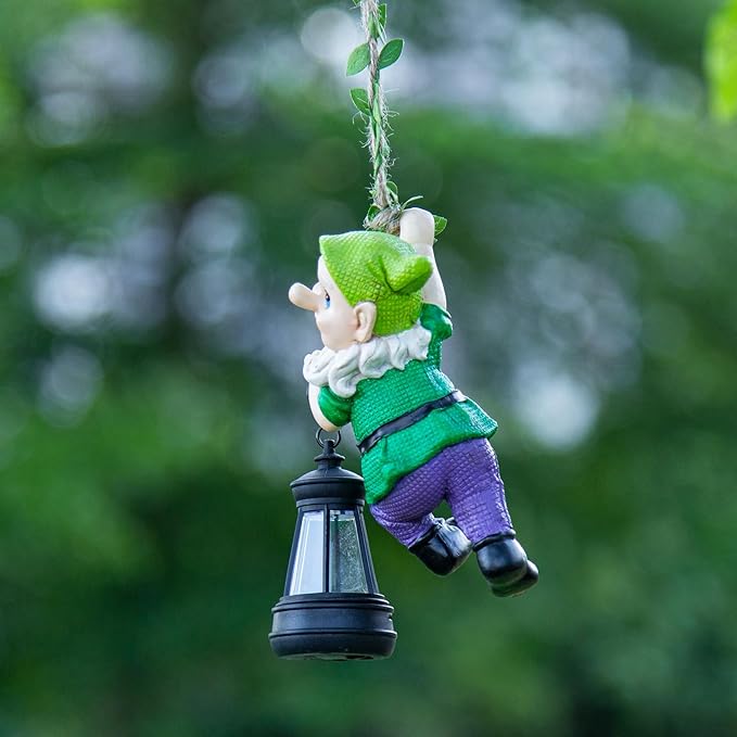 Garden Gnome Solar Lantern Decoration, Green and Purple, Weather-Resistant Resin, Hanging Style, Solar Powered, Whimsical Garden Decor, 6.3 Inch Height
