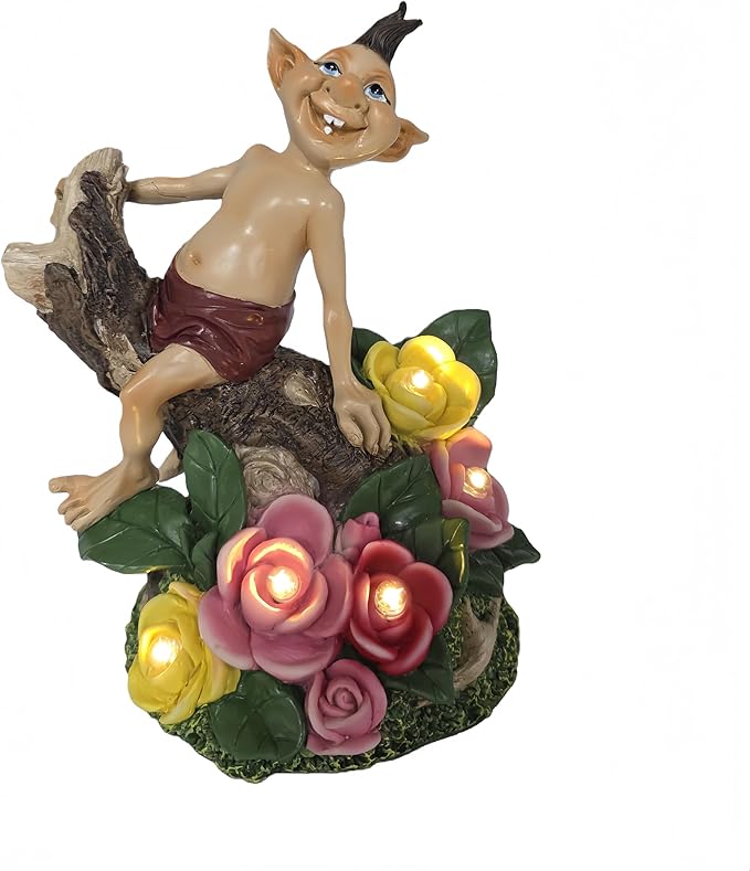 Gnome Figurine with Solar-Powered Flowers Goblin Decor Garden Gargoyle Statue for Patio Yard Balcony Housewarming Gifts for Mom Women Grandma