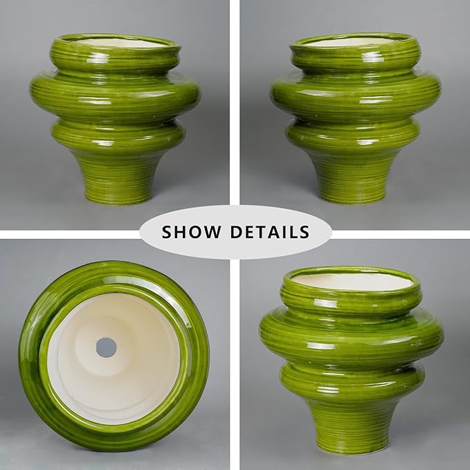 Teagas Ceramic Pot for Plants 11 Inch - Plant Pot for Indoor Outdoor, Decorative Bonsai Planter with Drainage Hole, Flower Pots for Office, Gift for Men Women, Green