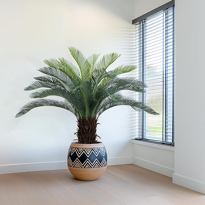 Bellacat 4ft UV Resistant Faux Sago Palm Tree with Natural & Lifelike Bark, 48in Super Full Artificial Cycad Tree with Realistic Leaves, for Home Office Patio Porch Front Door Decor.