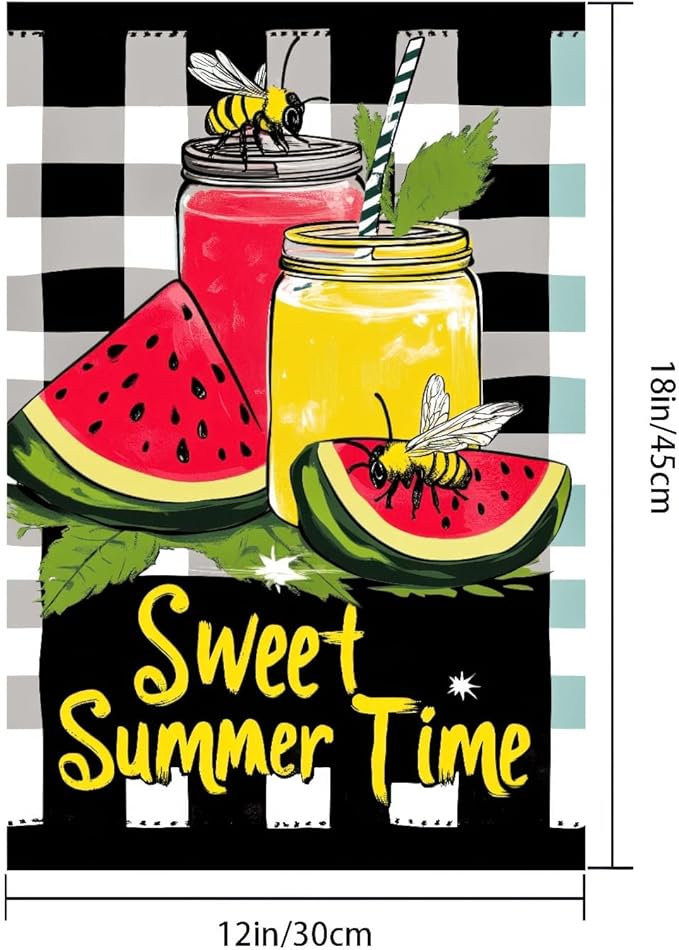 Sweet Summer Time Garden Flag Watermelon Buffalo Plaid Lemon Welcome Small Flags for Outside Double Sided Juice Seasonal Banner Farmhouse Outdoor Yard Decoration 12x18 Inch