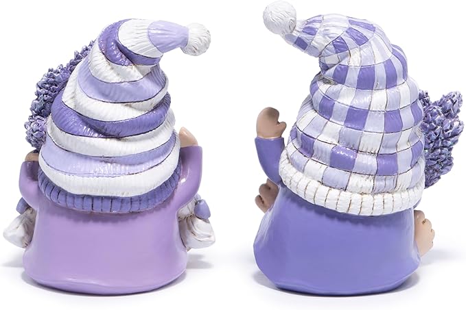 Hodao Set of 2 Lavender Gnome Figurines - Indoor Resin Decor for Home Shelf, Tiered Tray | Spring & All-Season Decoration