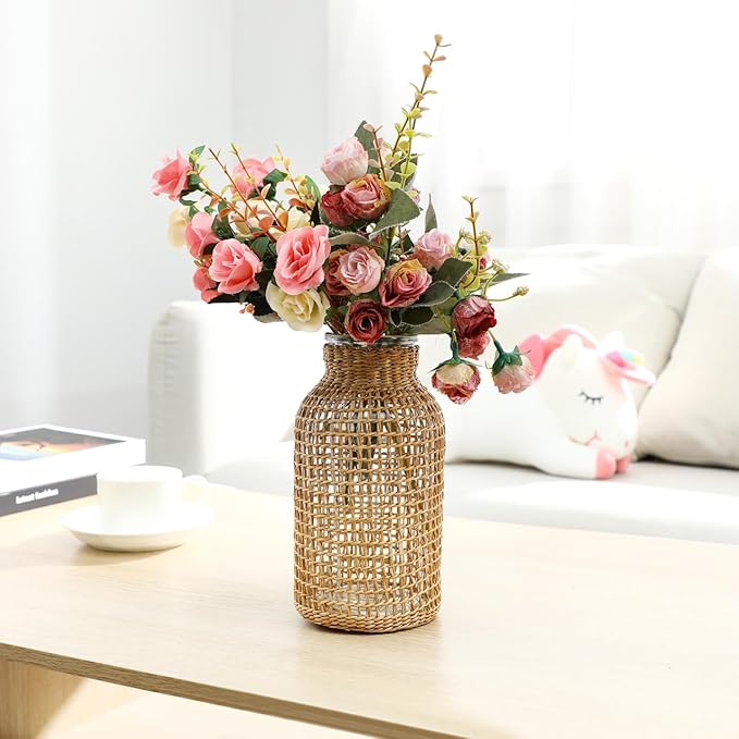 DOITOOL Wicker Vase, 8" Tall Glass Vase with Rattan Cover, Tall Rattan s for Flowers, Boho Floral Container Bottle for Floral Arrangements Housewarming Party Home Decor (L)
