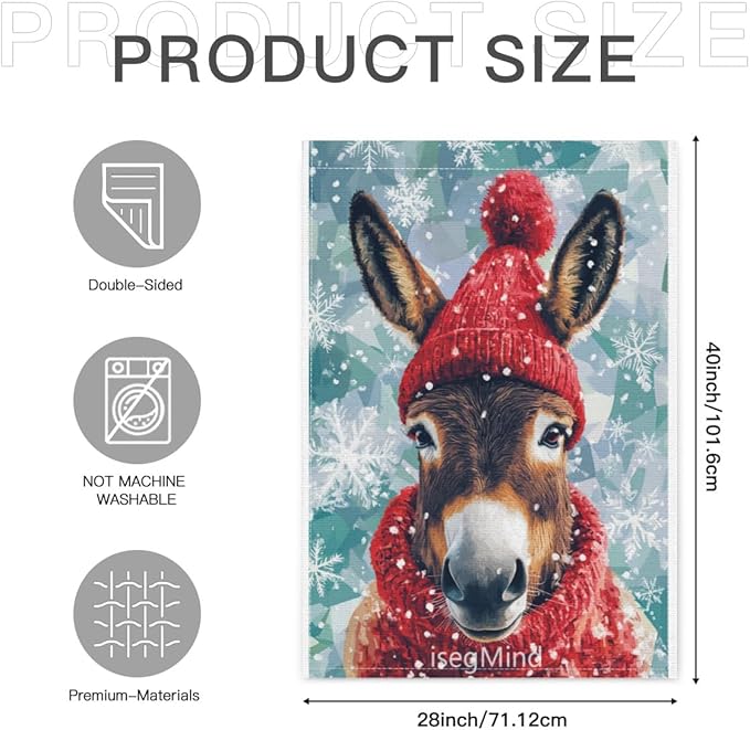 Donkey with Red Scarf and Hat Snowflake Christmas Garden Flag, 28x40 Inch Double Sided Linen Holiday Red Winter Farmhouse Yard Outdoor Decoration (4339)