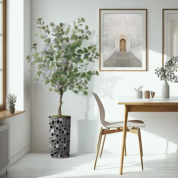 Artificial Tree in Modern Geometric Pattern Planter, Fake Eucalyptus Silk Tree for Indoor and Outdoor Home Decoration - 66" Overall Tall (Plant Pot Plus Tree)