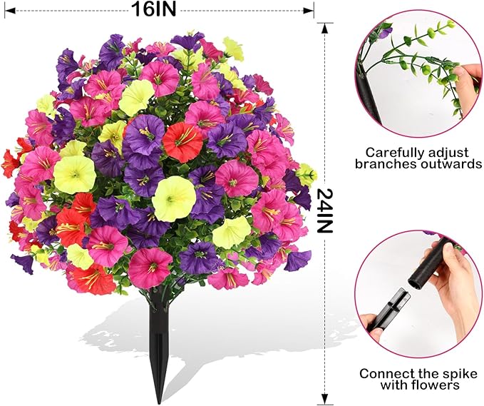 ENVEN Artificial Topiary Ball Tree Outdoor Plants with Ground Spike 22"- UV Resistant Faux Shrubs, Eucalyptus Fake Plants for Indoor & Garden, Yard, Porch, Patio Decor (Mixed Color Morning Glory)