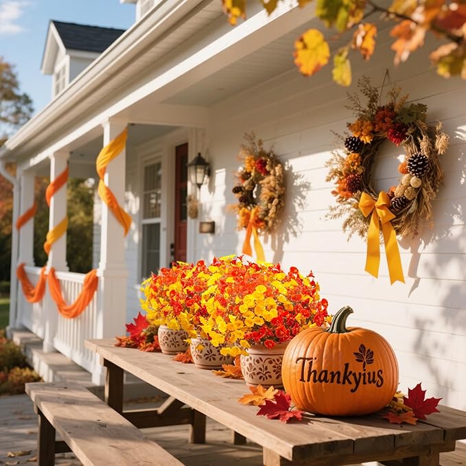 Grunyia Artificial Flowers Outdoor Fall Decor - 12 Pcs UV Resistant Fade Proof Fake Plants for Garden Porch, Thanksgiving Autumn Decorations, Waterproof for All Weather