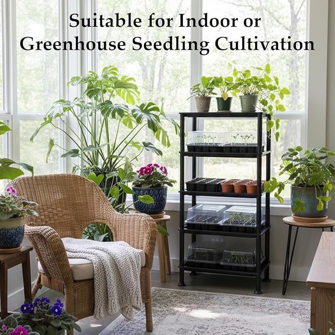 5-Tier Seed Starter Trays Plant Stand, with Bottom-Watering Design– Reinforced Thickened Shelf for Small Pots, Balcony/Indoor Seed Starting & Greenhouse, Black