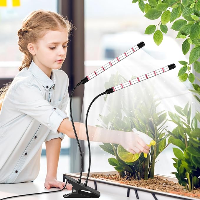 2 Heads Grow Lights for Seed Starting, Full Spectrum Grow Lights for Indoor Plants with 6/12/18H Timer, V-Shaped Design Light, 5 Dimmable Levels, Clip-on Desk for Indoor Plant Growing (2 Pack)