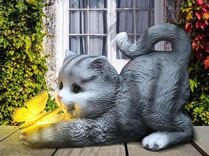hYwecy Solar Garden Statue Cat,Garden Figurine Outdoor Decoration with Cat Holding Butterfly for Yard,Patio,Lawn Art Decoration,Housewarming Gift