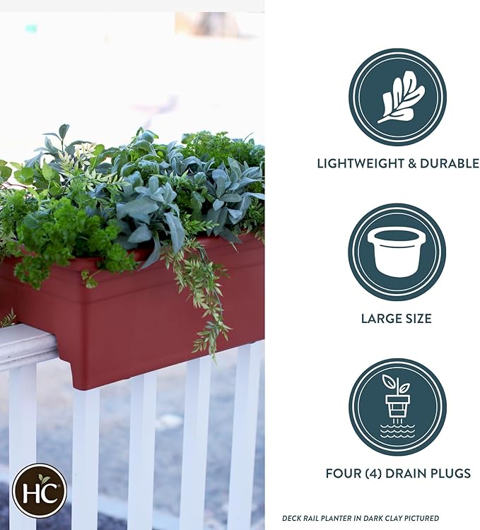 The HC Companies 24 Inch Deck Rail Planter Box with Drainage Plug, Lightweight UV-Resistant Plastic Outdoor Planters for Wood Deck Rail, Flower Box for Garden, Patio, Balcony, and Fence, Clay